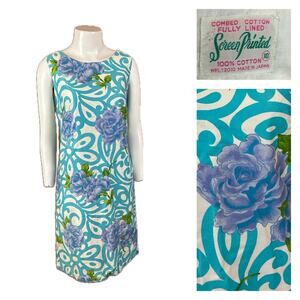 1960s Blue Swirl Floral Cotton Sleeveless Shift Dress Screen Printed / XS *